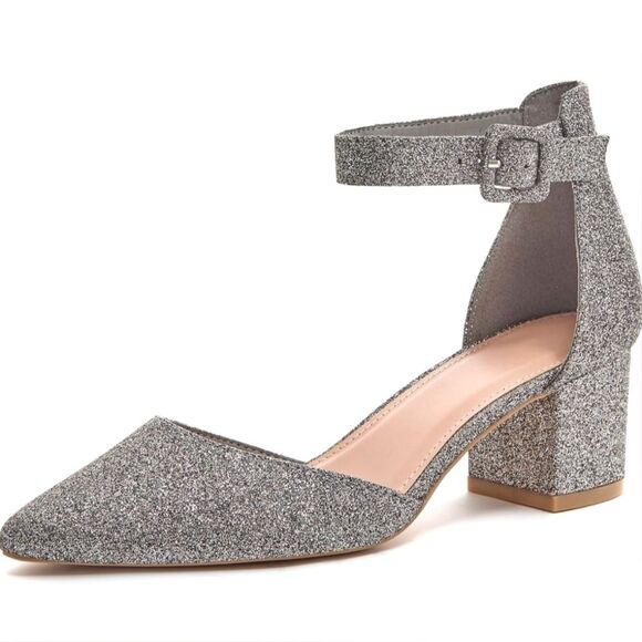 Women's Pointed Toe Pumps Ankle Strap Buckle Chunky Block Heel Glitter Heel NWOT - Picture 1 of 9
